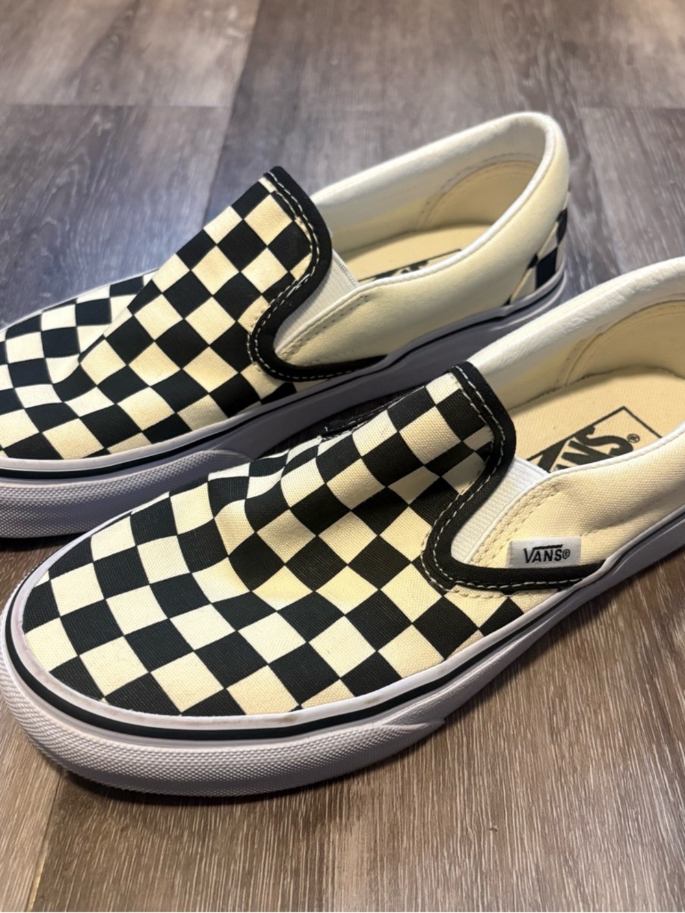 Vans Classic Slip-On Checkerboard Sneakers - Black & White/Cream M4.0/W5.5